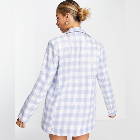 NWOT ASOS DESIGN SET SEQUIN DOULBE BREASTED Suit Blazer Blue Plaid Shorts Size 2 - Picture 2 of 16